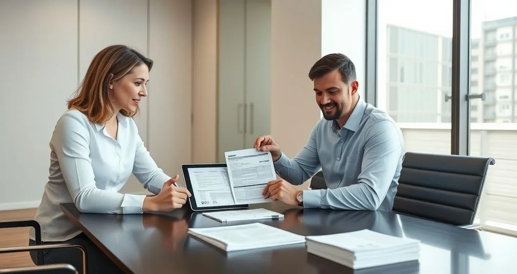 Tax advisor and client at a conference table reviewing and signing a form labeled Form 1040 X with a tablet showing a timeline and supporting documents on the table