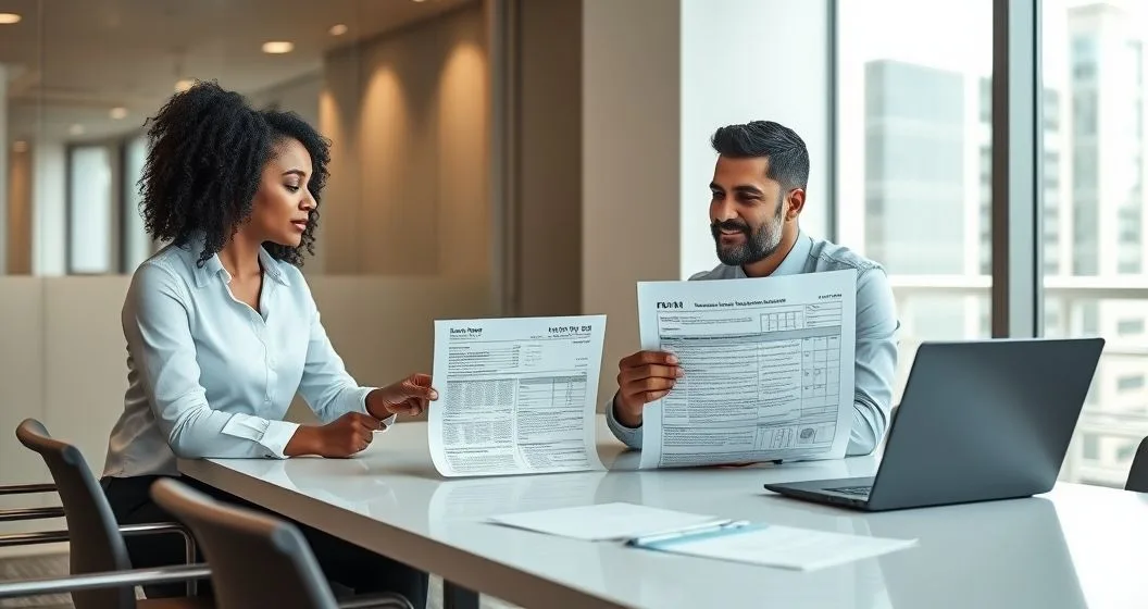Tax professional and client reviewing Form 3911 and Form 1040 X at a minimalist conference table with a laptop and bank statement