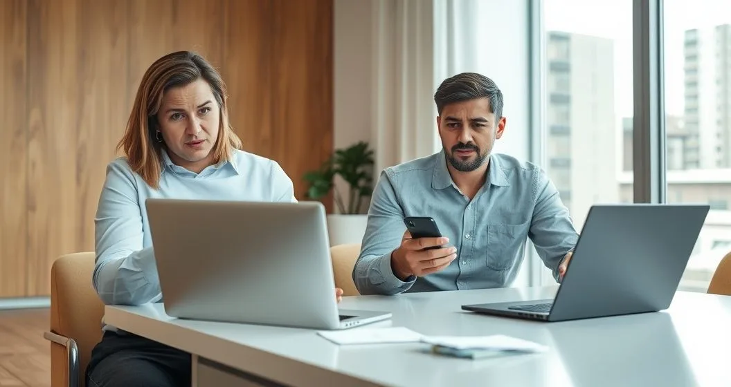 A financial counselor points to a laptop screen with a blurred online loan offer while a concerned borrower holds a smartphone and bills in a modern office