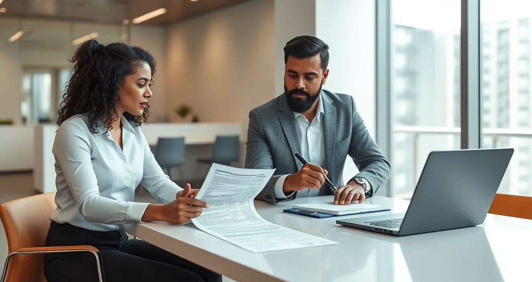 Tax advisor and client reviewing a corrected W-2 and Form 4852 while preparing an amended Form 1040-X on a laptop in a modern office.