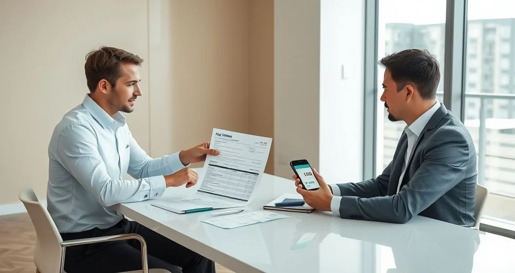 Advisor and client comparing a tax refund notice to bank statements, advisor pointing at a deposit line