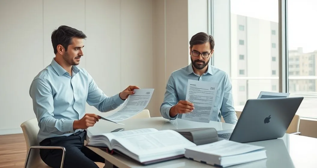 Tax advisor and client reviewing printed IRS transcripts and digital records at a clean conference table