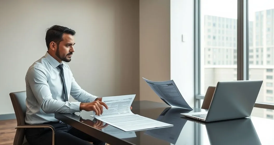 Tax attorney and client reviewing a Form 1040-X and supporting documents at a conference table in a modern office