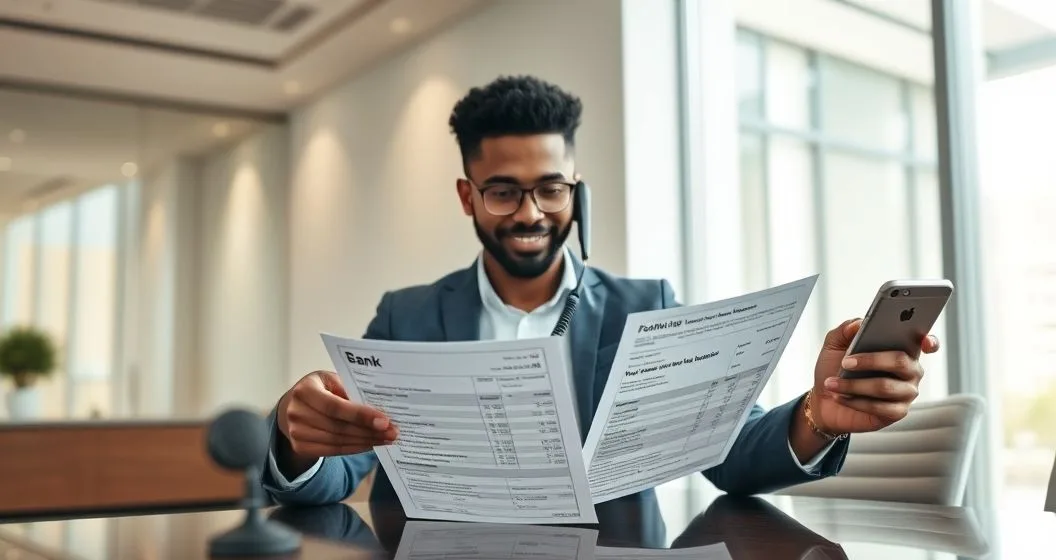 Tax advisor and client reviewing a bank statement and Form 3911 while on the phone with the IRS in a modern office