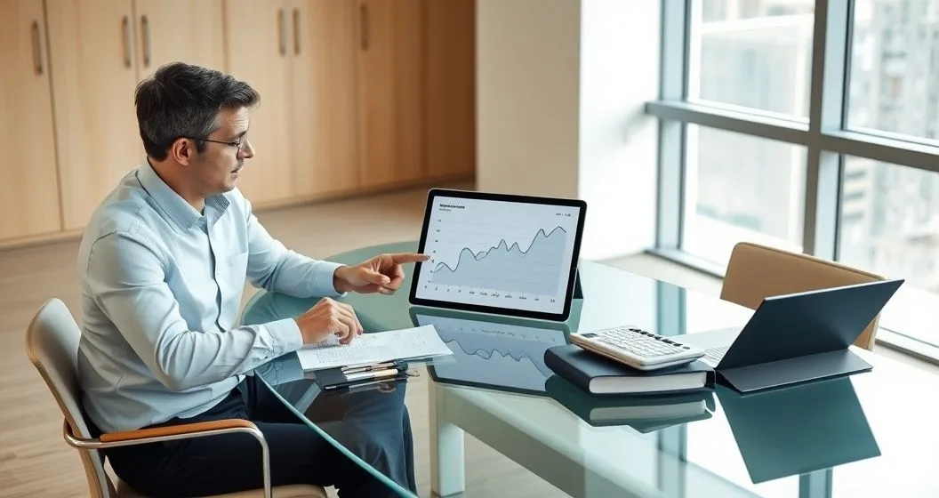 A mortgage advisor points to an interest rate forecast graph on a tablet while a homeowner holds a calculator and mortgage documents at a clean conference table