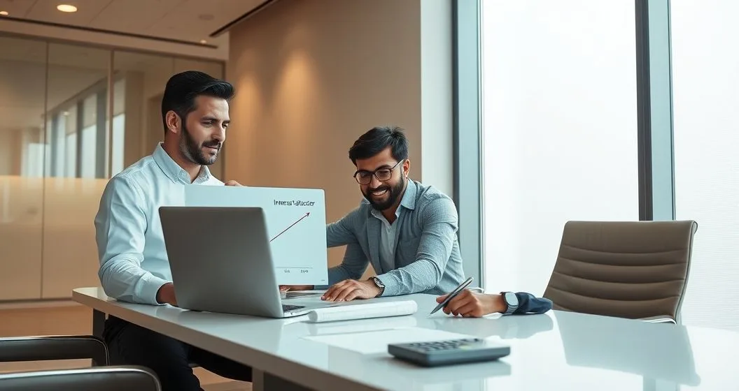 Mortgage advisor points to a laptop with a falling interest line and rising cumulative cost curve while a diverse couple reviews loan papers in a modern bank conference room