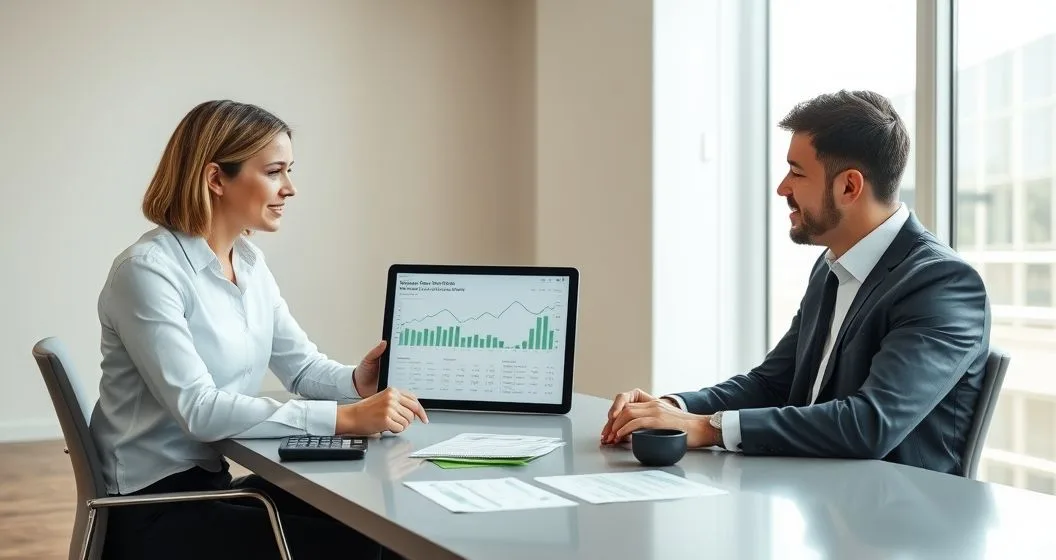 Financial advisor and homeowner comparing mortgage rate spread charts on a tablet with calculator and closing cost receipts on a clean conference table