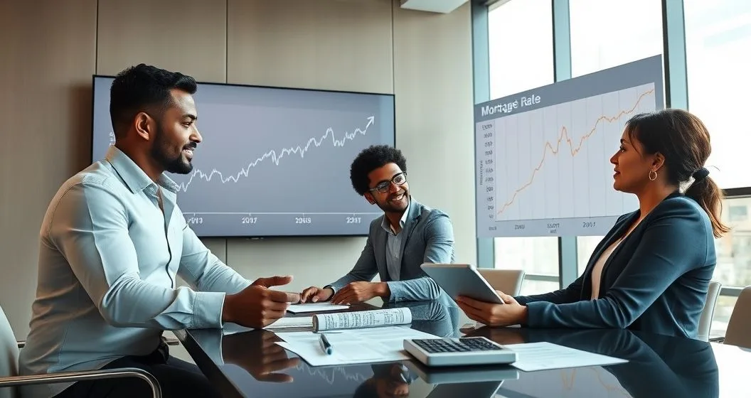 Mortgage advisor and homeowners reviewing a fluctuating interest rate graph and closing cost estimates in a modern conference room
