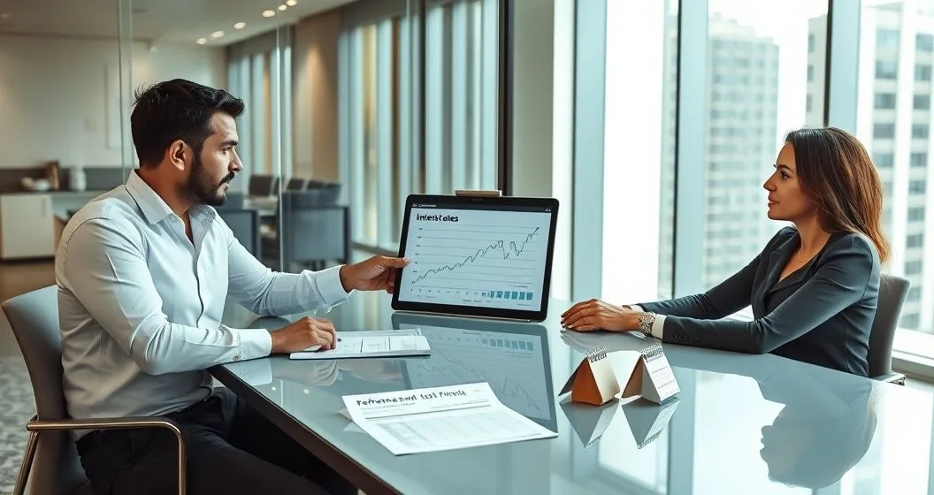 Mortgage advisor pointing at a tablet with a fluctuating interest rate chart while clients review refinance cost comparisons on a conference table in a modern office