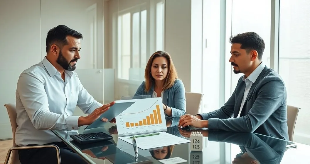 Advisor points to break even chart on tablet while homeowners review calculator coins and calendar