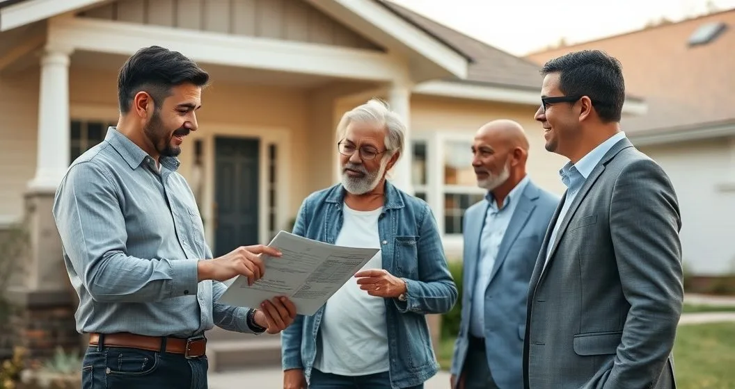 Appraiser shows tablet to homeowner and mortgage advisor outside a renovated house