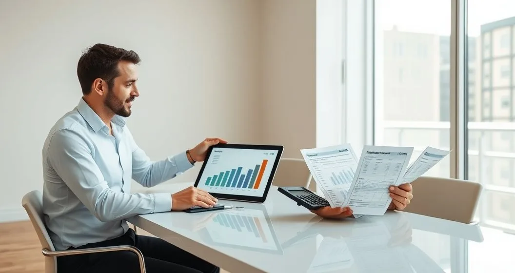 Financial advisor and client reviewing a tablet with a break even chart showing months to recover refinancing costs