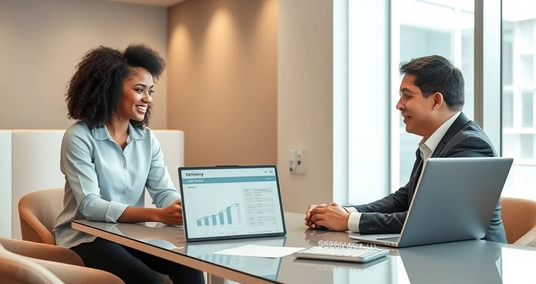 A graduate and loan officer reviewing refinancing options at a modern conference table with a laptop calendar and calculator
