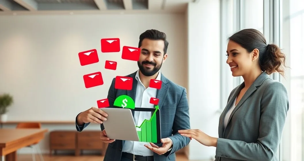 Financial advisor with a diverse couple reviewing a tablet showing multiple credit cards merging into a single loan icon with a downward trend