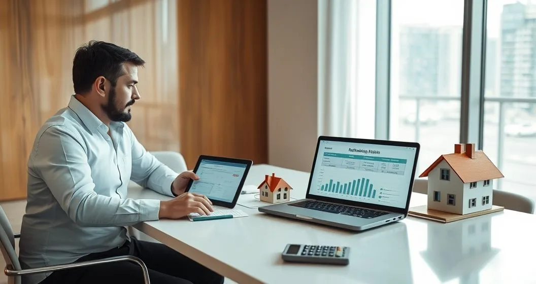 Landlord and tax advisor at a conference table reviewing refinancing options with a tablet showing a mortgage comparison and cash flow chart laptop and a small townhouse model