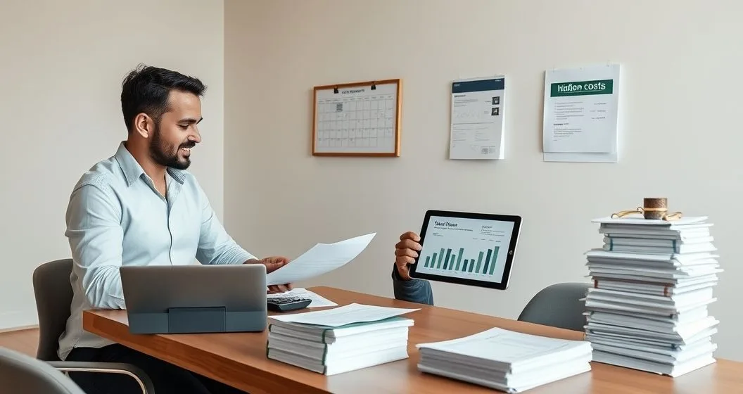 Two professionals at a conference table reviewing loan documents and a tablet showing loan comparisons with a calendar and invoices indicating timing and hidden costs.