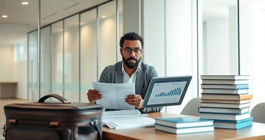 Borrower and advisor reviewing loan documents and tablet in a modern office with briefcase and books indicating career transition