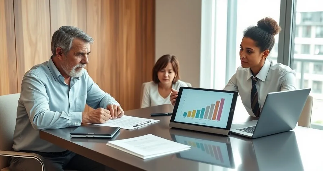 Parent signing a loan document with adult child and financial adviser reviewing a tablet with a comparison chart in a modern office