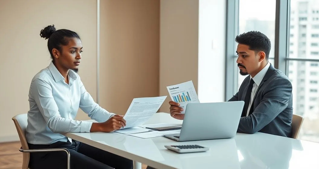 Financial advisor and client reviewing a loan agreement and a tax notice at a minimalist office table with laptop and calculator