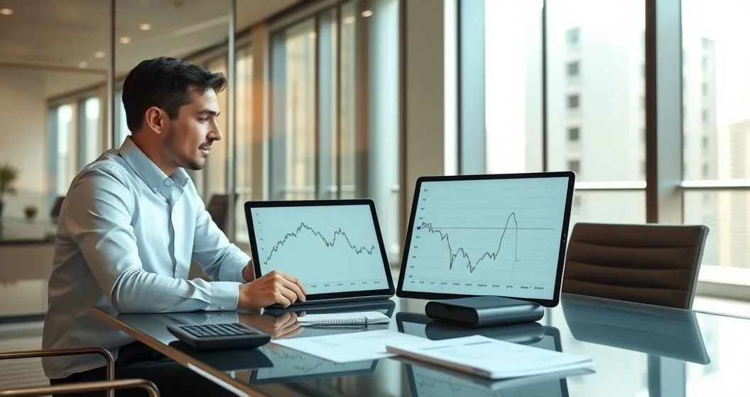 Advisor and borrower compare a jagged variable rate graph and a flat fixed rate graph on a tablet with a calculator and invoice on a conference table.