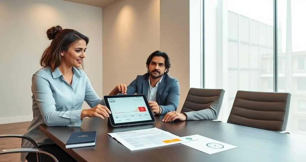Tax advisor and couple reviewing a tablet timeline with W-2 passport and bank card on table indicating verification and direct deposit