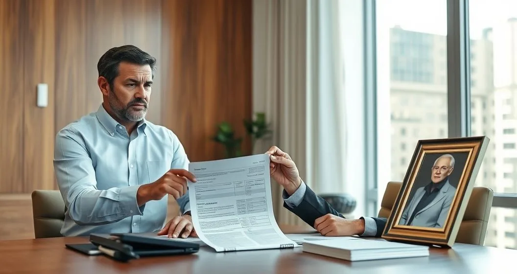 Tax advisor explains why a client tax refund was applied to a deceased relative debt while the client holds a bank statement and a framed photo in a modern office