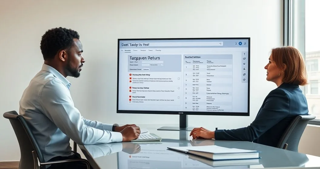 IRS analyst and tax professional reviewing a taxpayer return on a large monitor showing automated flags and a manual checklist in a modern office