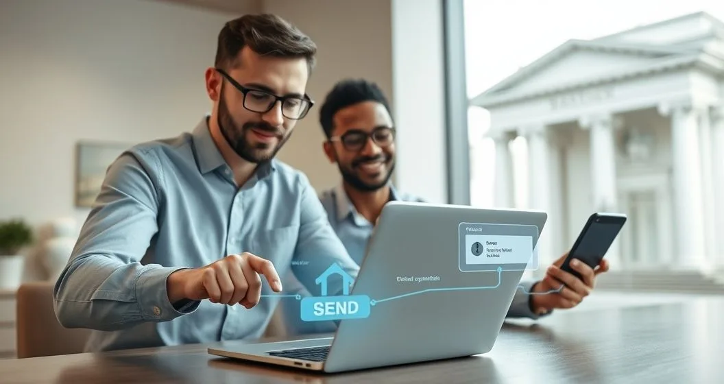Tax professional submits an e file on a laptop while a client checks a smartphone showing a deposit confirmation icon with a subtle visual data stream linking to blurred government and bank buildings in a modern office.
