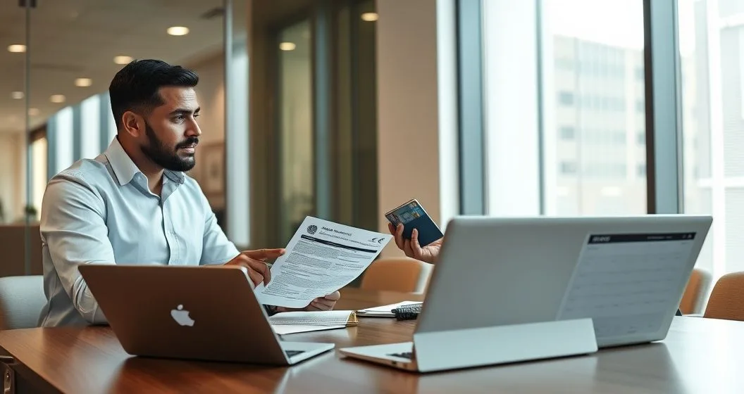 Tax advisor and client review a printed notice and ID across a conference table with a laptop displaying a padlock and calendar