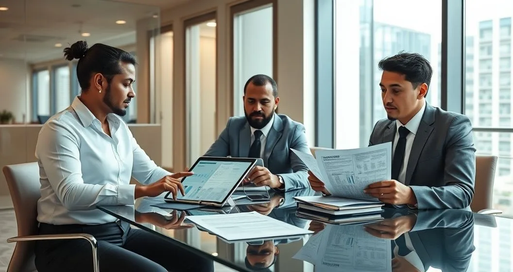 Three professionals discussing compliance charts and loan documents at a conference table in a modern office