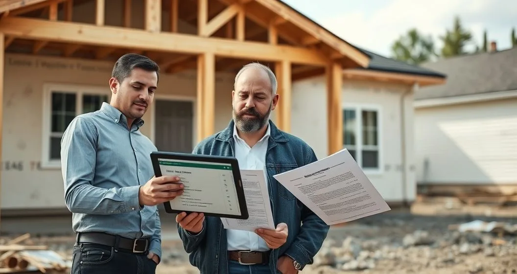 Loan officer investor and contractor review draw documents and a tablet at a residential renovation site