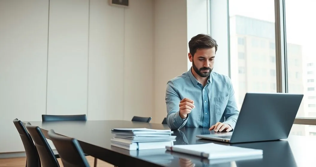 HR manager scans employee ID and updates payroll on a laptop while a rehired employee sits across a minimalist conference table with a benefits packet nearby