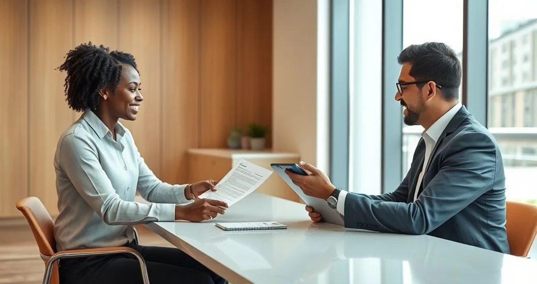 Borrower handing payment to a mortgage officer in a modern office as they review documents to reinstate a defaulted mortgage
