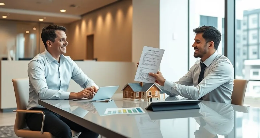 Mortgage officer handing a signed release of liability document to a relieved co borrower at a modern conference table with a house model nearby