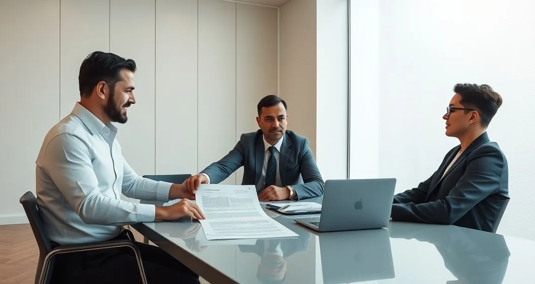 Small business owner and loan officer reviewing a revised loan document in a modern conference room with an attorney taking notes
