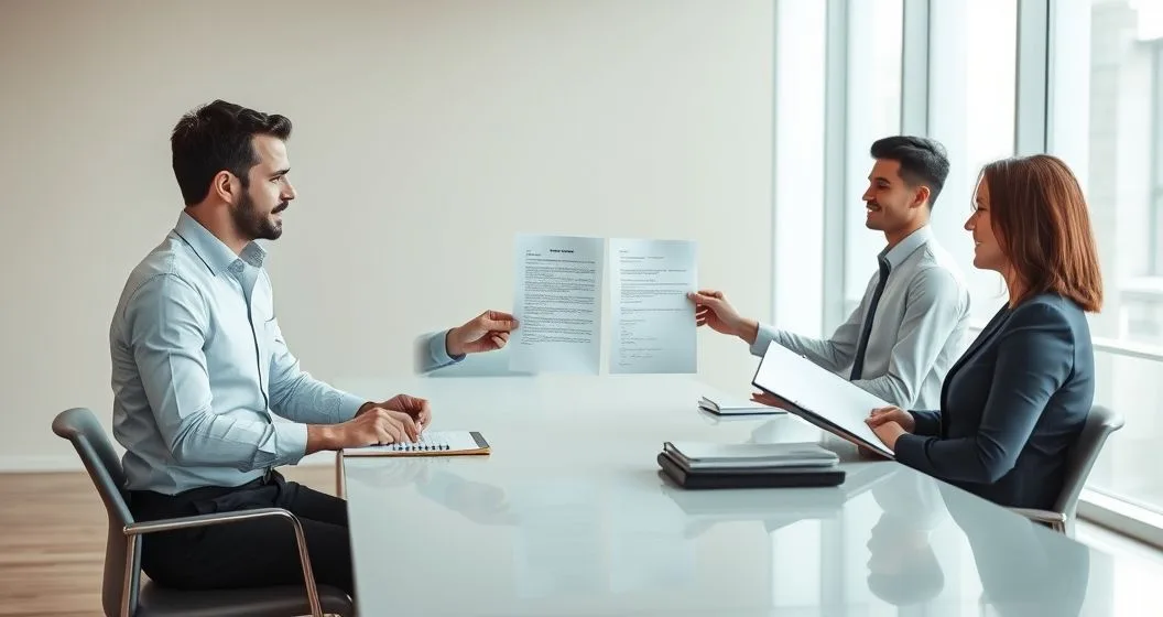Business owner and lawyer exchanging a signed release letter with bank officer at a modern conference table while buyer and accountant observe