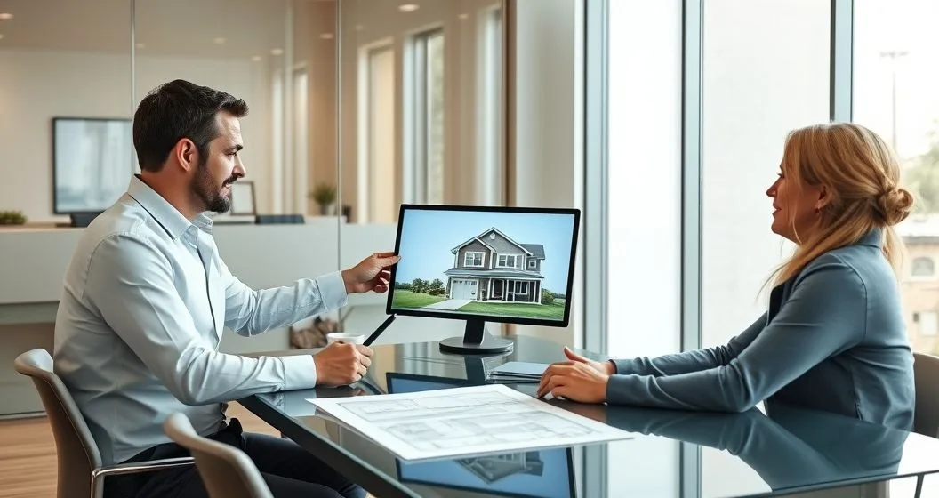 Mortgage advisor shows homeowners a tablet with before and after home renderings while a contractor reviews blueprints in a modern office to illustrate renovation loans versus traditional mortgages.