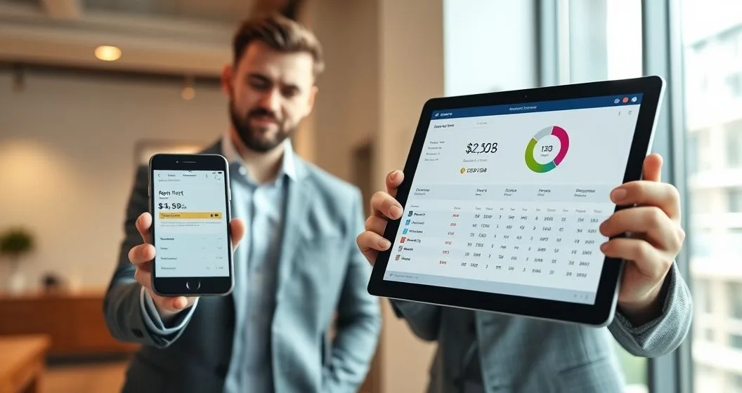 Tenant handing a smartphone showing a rent payment to a property manager who reviews a tablet with a credit reporting dashboard in a modern leasing office