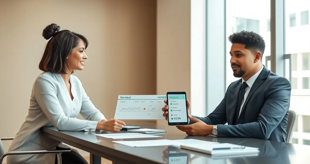 Loan officer and diverse borrower in a modern conference room reviewing a tablet showing verified rent and utility payment history to support a loan application.