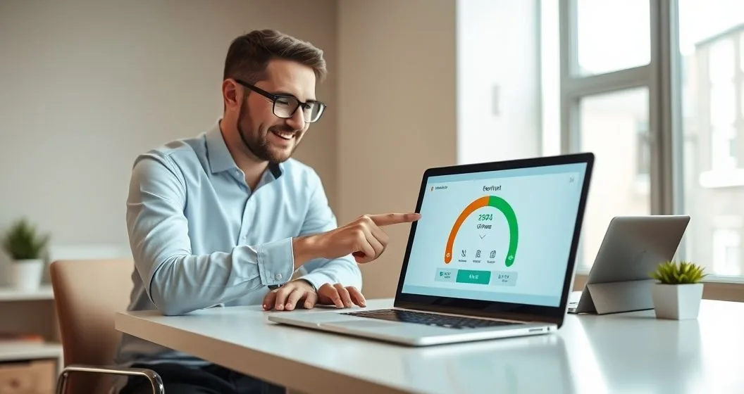 A property manager, tenant, and financial advisor look at a laptop showing a rising credit score gauge and icons for rent and utilities in a modern office