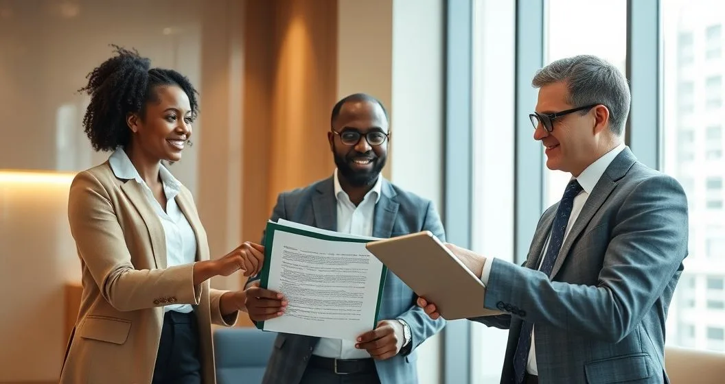 Financial counselor and client present new financial documents to a collections officer across a conference table in a modern office as the officer reviews a tablet no visible text
