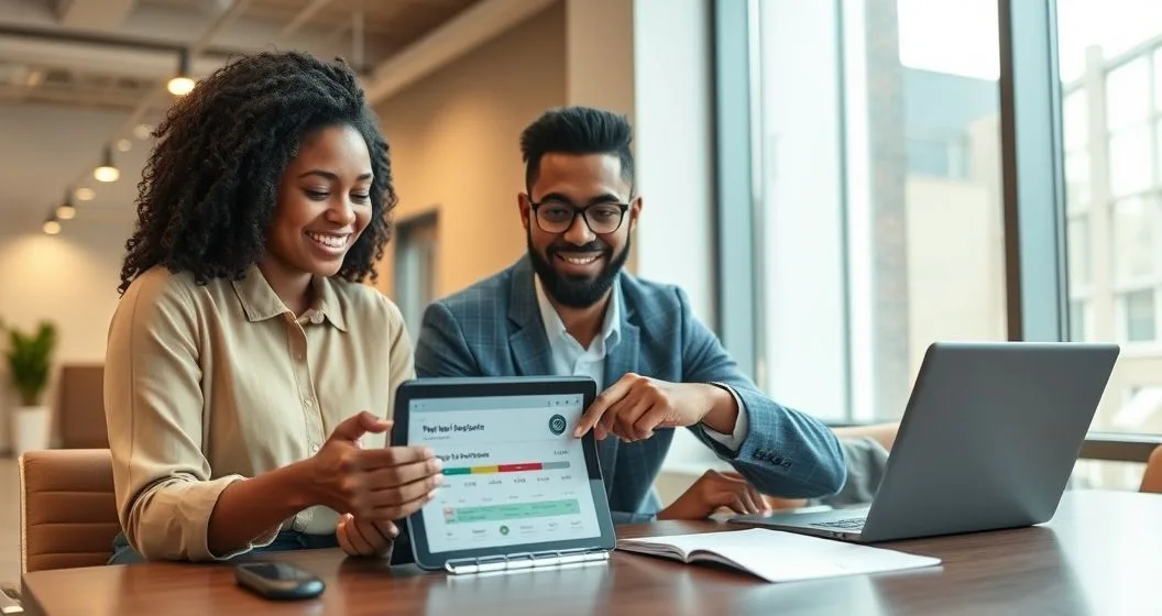 Graduate student and financial advisor reviewing loan repayment scenarios on a tablet in a modern office.