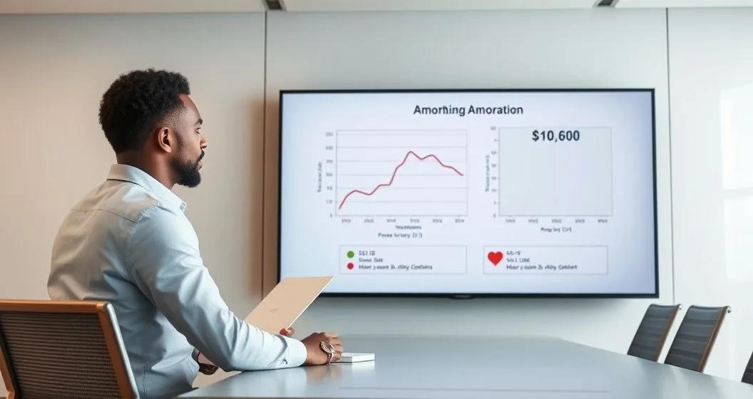 Loan officer and client examine side by side amortization charts on a large screen showing how rising and falling interest rates change monthly payments