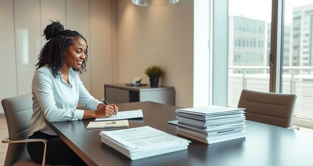 Tax advisor and client signing an accurate tax return at a modern conference table with supporting documents and a prefilled stack of forms set aside