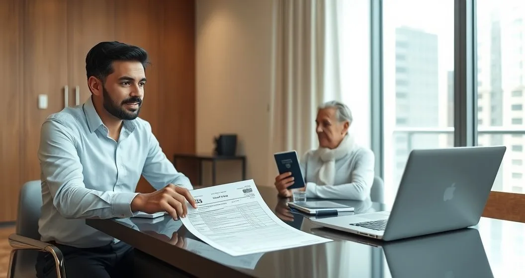 Tax advisor and expatriate reviewing Form 2555 with passport and laptop showing travel dates