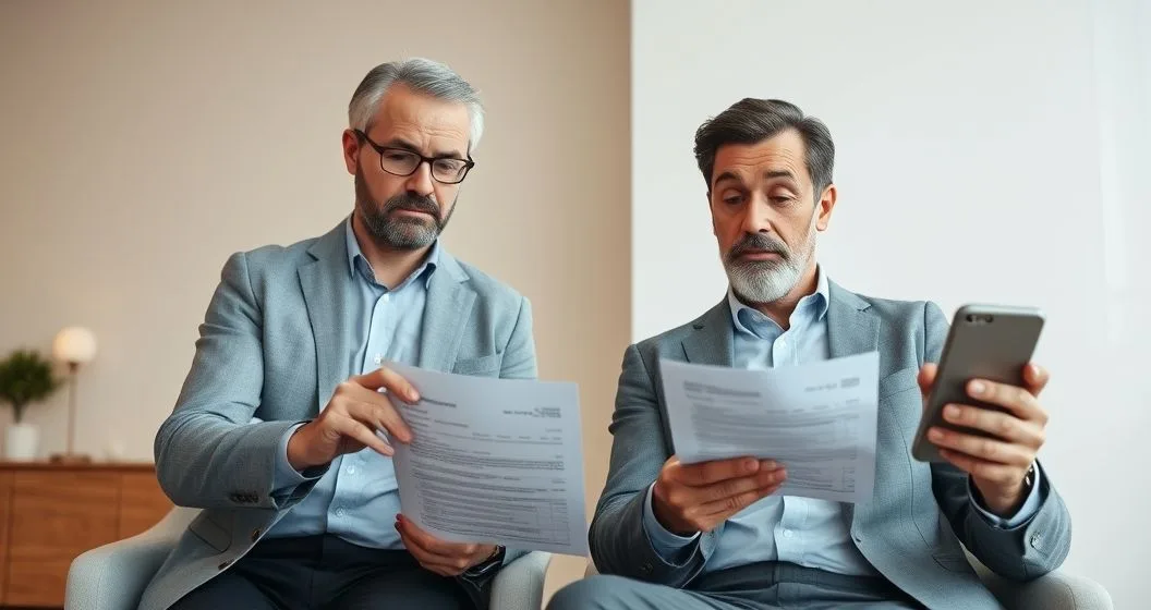 Borrower and consumer protection advisor reviewing loan statements at a minimalist office table