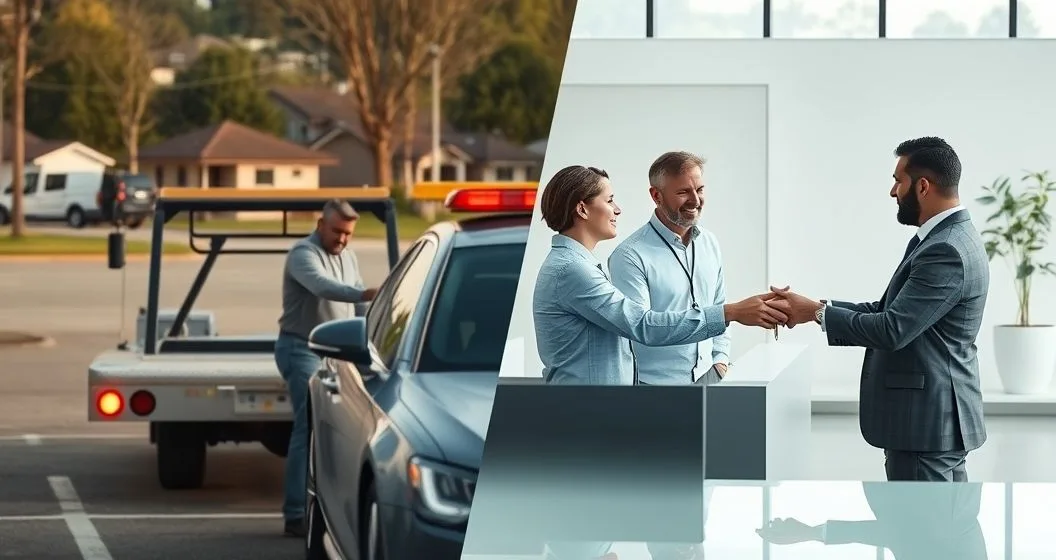Diptych showing a tow truck repossessing a car while the owner watches and a borrower handing keys to a loan officer in a dealership office