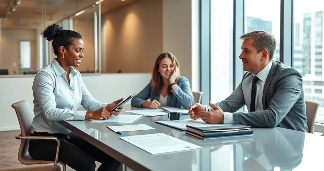 Tax advisor and bank officer reviewing documents with a homeowner at a conference table to prepare a tax lien withdrawal or subordination request