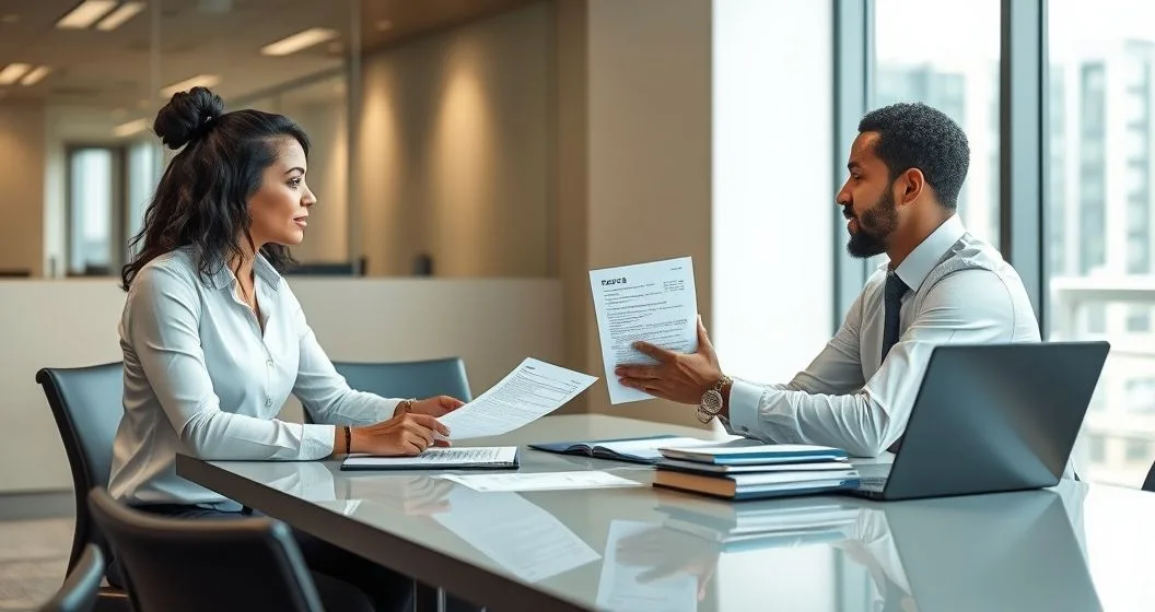 A tax professional and a taxpayer exchanging Form 9423 and supporting documents across a conference table in a modern office