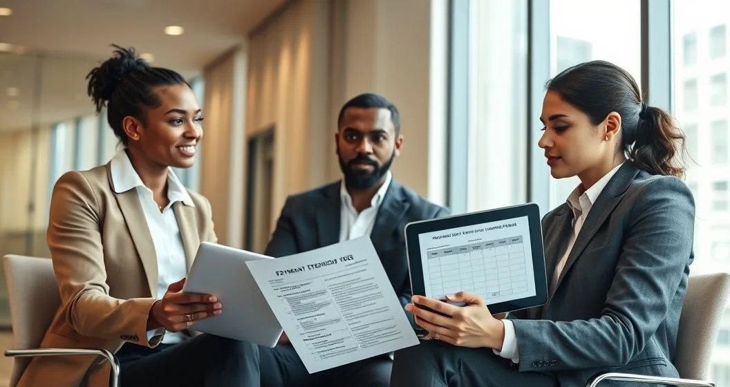 Tax advisor and two clients at a conference table reviewing forms labeled 4868 and 7004 and a tablet displaying a calendar and payment plan options